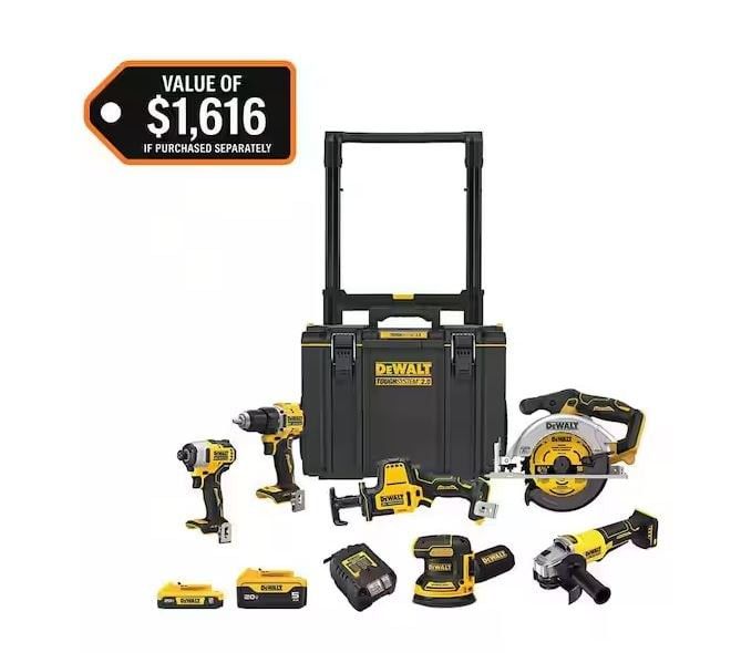 DEWALT 20V Cordless 6-Tool Combo Kit w/ 5.0 Ah and 2.0 Ah Batteries, Charger and Rolling Toolbox - R9