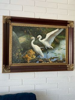 Original signed Large Oil Painting Two White Engrets in wetland scene ornate frame. 35x47 w frame