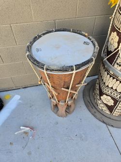 African Tribal Drum Lot 4pc Djembe Tapa Cloth Barrel Hand Drum Table Polynesian