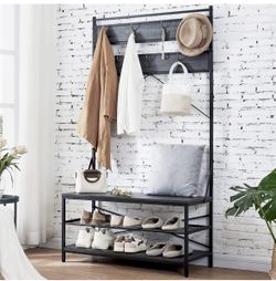 Coat Rack 3 in 1 Hall Tree, Industrial Hall Tree with Bench and Shoe Storage, 7 Hooks Coat Rack Free
