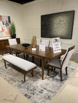 Beige & Brown Dining Room Set (6-piece) extension table, 4 chairs, and a bench