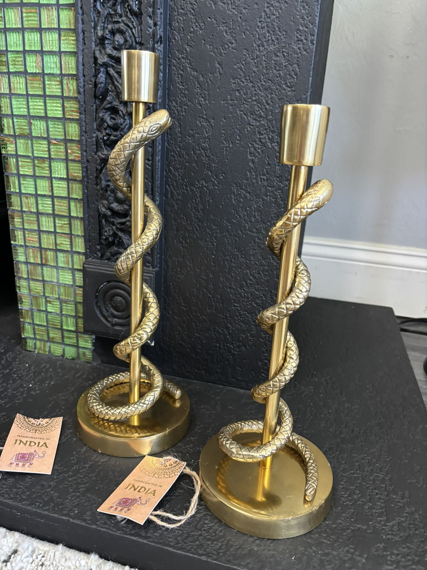 Beautiful Pair Of Brass And Metal Gold Snake Tapered Candle Holders 