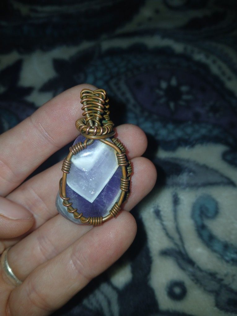 Banded Amethyst Wire Wrap Pendant Hand Made ( Comes On A  Hemp Necklace With Clasp)