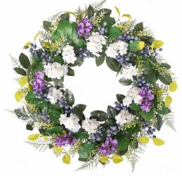 24 Inch Spring Summer Wreath for Front Door - Artificial Blueberry Bunch Wreath with White Purple Flowers Floral Decor for Window Mantel Wedding Indoo