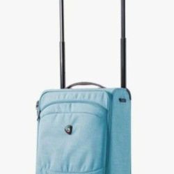 Light blue spinner carry-on suitcase