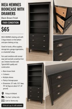 IKEA HEMNES Bookcase / Shelving Unit with Drawers – Black-Brown – $65