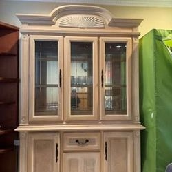 Vintage Light Wood China Cabinet – Glass Display Hutch with Storage