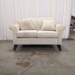 Cream Fabric Rolled Arm Loveseat with Accent Pillows
