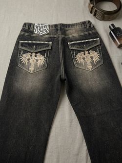 Y2K Black Acid Wash Embroidered Wings Flare Jeans