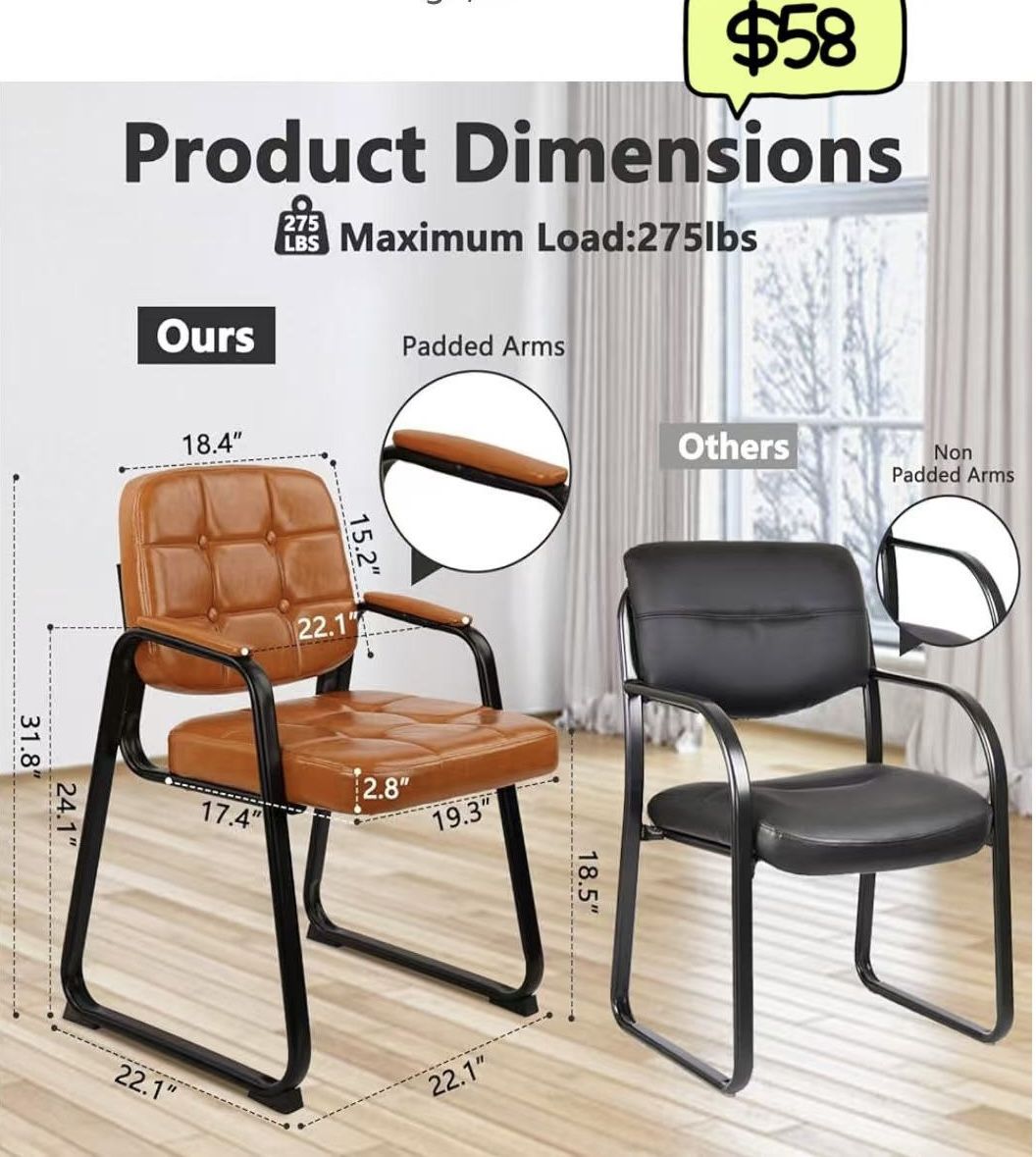 😀 2Pcs CLATINA Waiting Room Chairs with Padded Arms Leather Guest Chair no Wheels for Office Reception and Conference Desk with Sled Base Orange