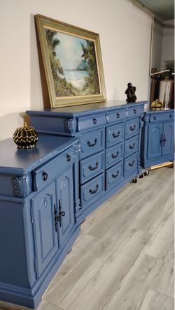 Refinished tundra blue dresser with two nightstands