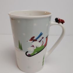 Starbucks 2011 Coffee Cup Mug Winter Dog On Sled Airplane On Handle 