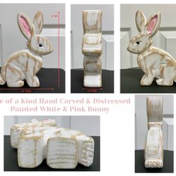 One of a Kind Hand Carved & Distressed Painted White & Pink Bunny
