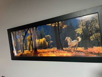 Large Panoramic Framed Art – White Horse in Autumn Forest (39” x 14.75”)
