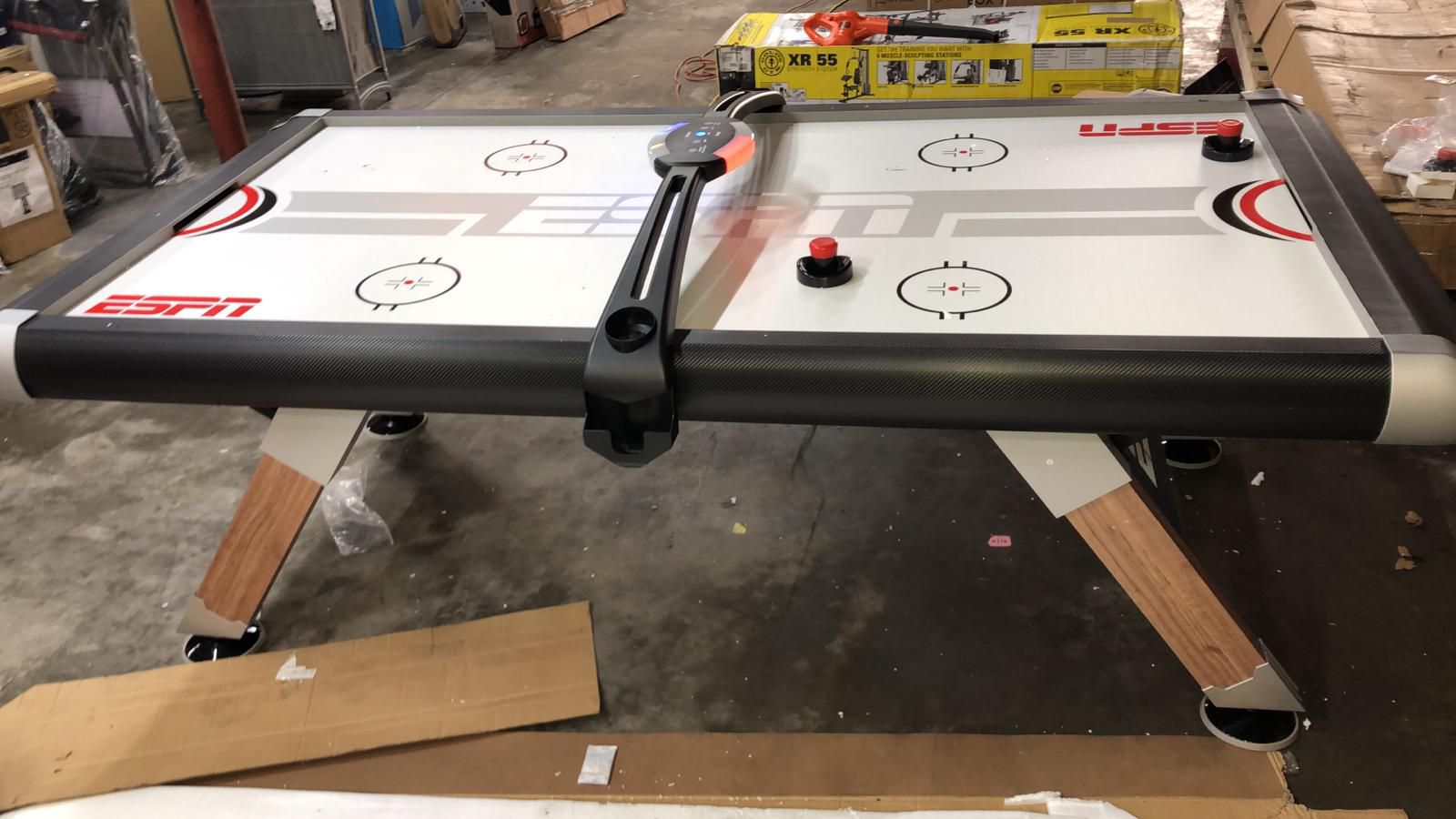 ESPN Belham Collection 8 Ft. Air Powered Hockey Table with Overhead Electronic Scorer and Table Cover, Black (LITTLE SHIPPING DAMAGE ON THE TOP)