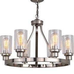 Dining Room Lighting Fixtures Hanging Brushed Nickel Kitchen Modern Chandelier Over Tables 6 Light with Glass Pendant Light for Dining Room Living Bed