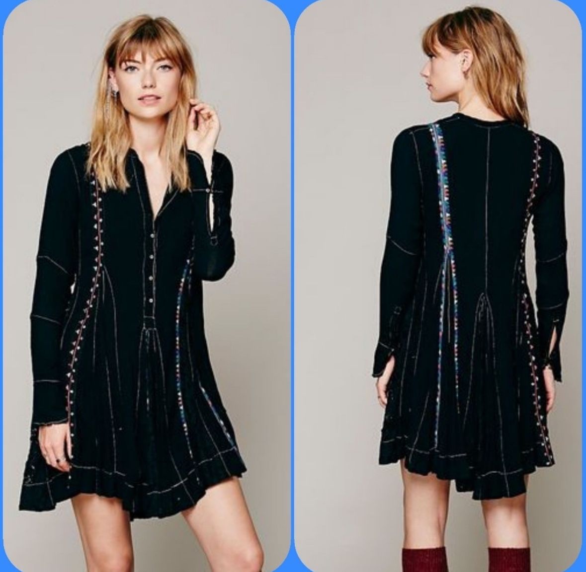 Free People FP One Womens Boho Black Long Sleeve Guaze Lace Dress
