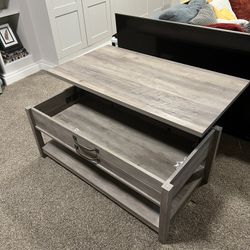 Grey coffee table pop up, lid lift coffee table