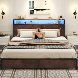 New King Bed Base with Charging Station and LED Lights, Metal Bed Frame with 4 Storage Drawers and Headboard, No Box Spring Needed, Easy Assembly, No 