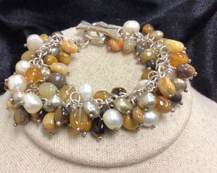 Sterling 925 Chunky Pearl Tiger Eye & Brown Stones Toggle Bracelet 7.5" LL706
