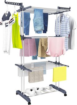 HOMIDEC Clothes Drying Rack, 4-Tier(67.7" H) Foldable Drying Rack Clothing Foldable Stainless Steel Drying Rack, Movable Laundry Drying Rack with 4 Ca