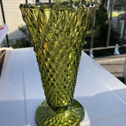 Vintage Indiana Emerald Green Glass Diamond Point Pedestal Vase, 8 Inch