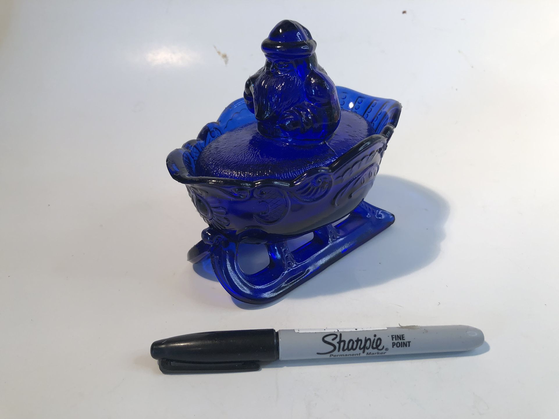Westmoreland Cobalt Blue Glass Santa On Sleigh Covered Christmas Dish Vintage