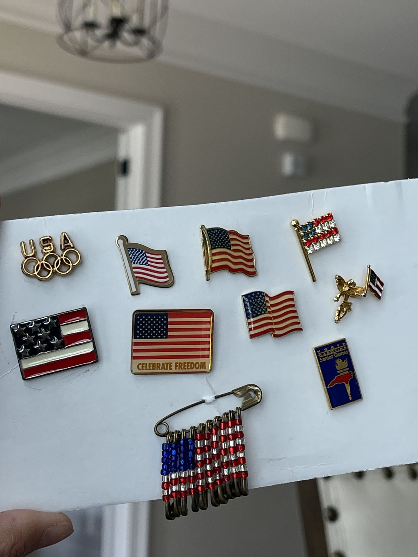 Vintage American Flag brooch pin lot Of 10 Red White Blue rhinestones