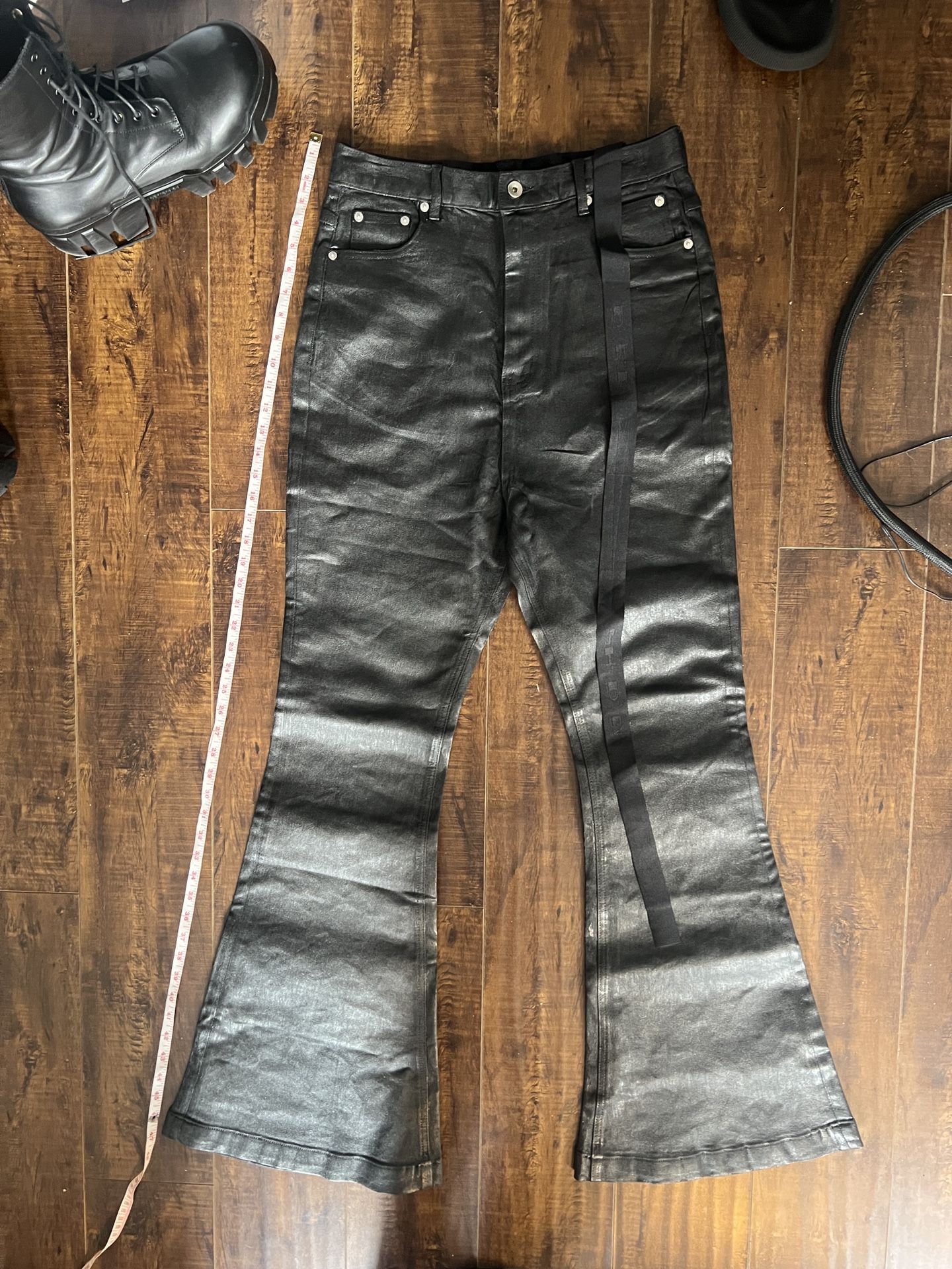 Rick Owens Waxed Bolan banana flared bootcut jeans men