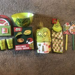 Grinch who stole Christmas, waffle maker, bowl, cups, hooded throw