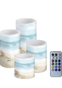 Beach Starfish Seashell Flameless LED Battery Candles 4 Pieces Pillar Fake Candles with Colored Light 4H 8H Timer Remote for Wedding Beach Party Decor
