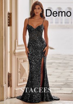 STACEES Fitted Applique Sequin Sleeveless Corset Slit Prom Dress US4