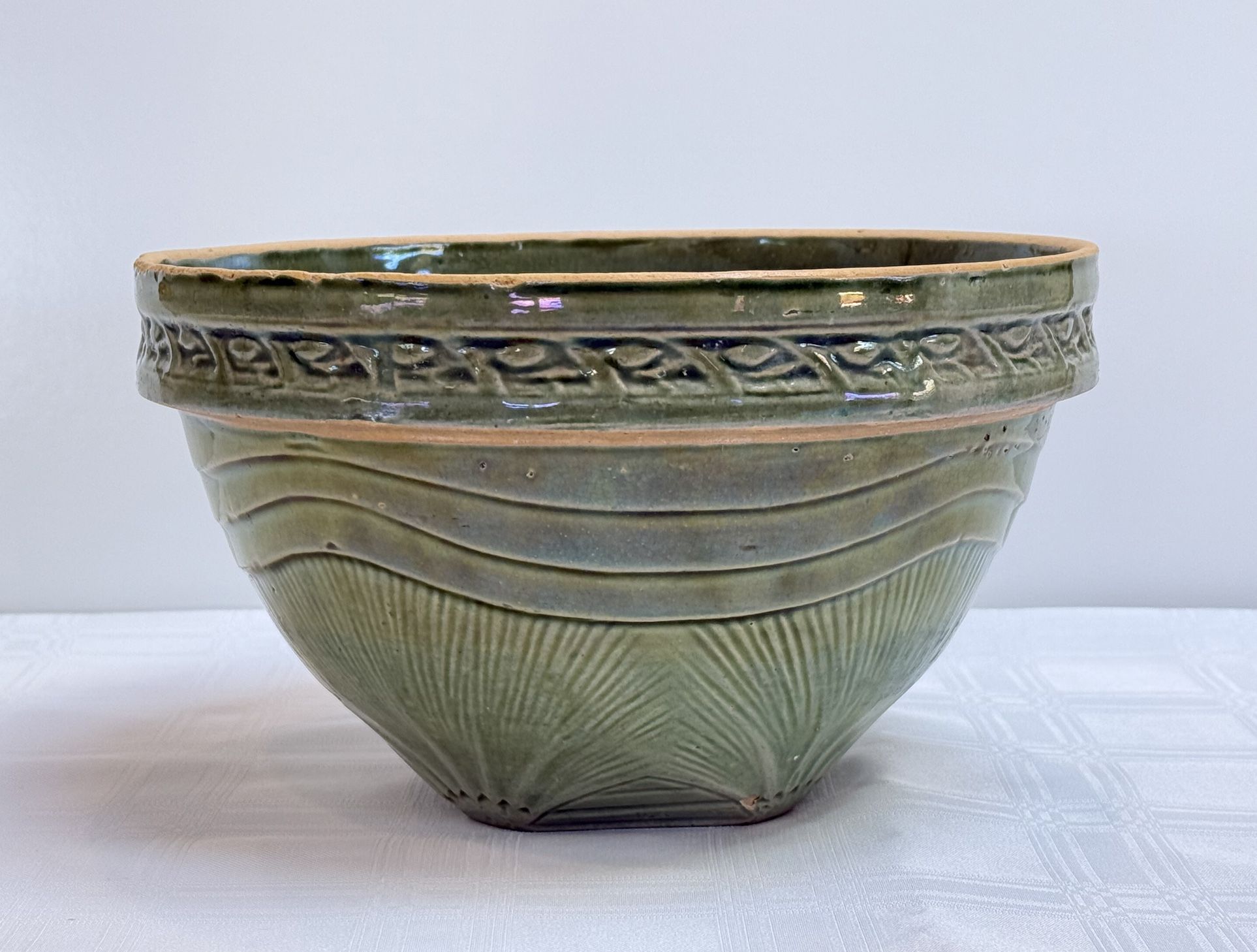 Rare ~ Large Antique McCoy Sunburst Pattern Mixing Bowl | Yellow ware | Stoneware Mixing Bowl | Antique Mixing Bowl 9-5/8”