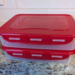 Lock N Lock Set of 2 Rectangular Storage Containers 8" x 11" Red Lid NEW