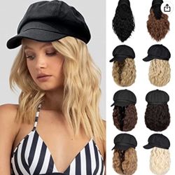 Wig Hat Beret 8 Panel Attached 14" Synthetic Hairpiece for Women Ash Blonde