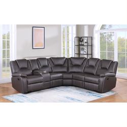 New Power 3 Reclining Sectional.  Brown Faux Leather.  113x100x39H.  Free Delivery!