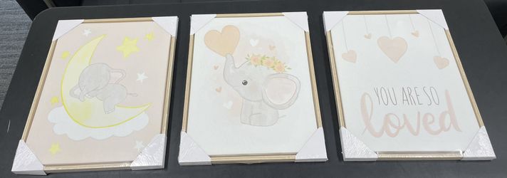 Framed Wall Art Pink Elephant- Set of 3