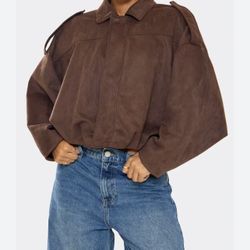 Long Sleeve Zip Up Front Collared Bomber Jacket In Brown Faux Suede size X-small oversize used 