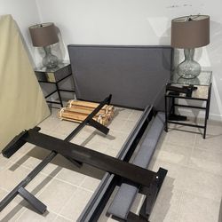 West Elm bed frame with nightstand and lamps