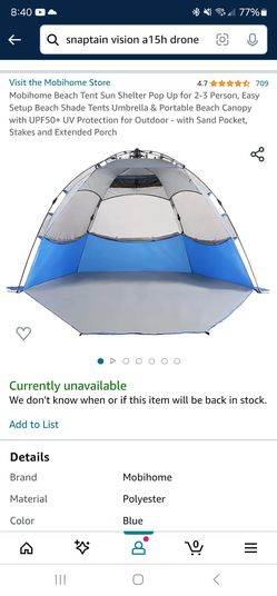 Mobihome Beach Tent Sun Shelter Pop Up for 2-3 Person, Easy Setup Beach Shade Tents Umbrella & Portable Beach Canopy with UPF50+ UV Protection for Out