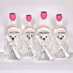 Set of 4 Viral Starbucks Pink Strawberry Bearista Glass Cups