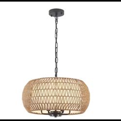 6-light Black Bohemian Drum Chandelier with Straw Woven Shade
