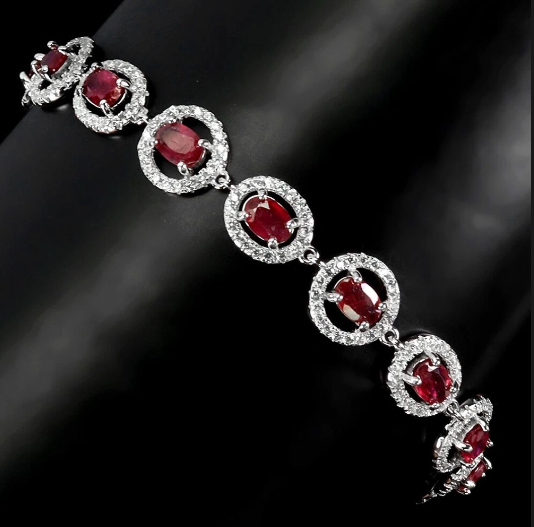 Heated Oval Ruby 6x4mm Simulated Cz Gemstone 925 Sterling Silver Bracelet 7.5