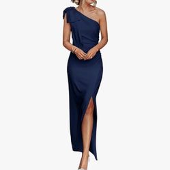 PRETTYGARDEN Women's One Shoulder Long Formal Dresses Sleeveless Ruched Bodycon Cocktail Evening Slit Maxi Dress (Navy