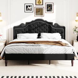 King Size Platform Bed Frame with Velvet Adjustable Tiara Curved Headboard and High Resilience, Upholstered Diamond Button Tufted with Wood Slats/No B