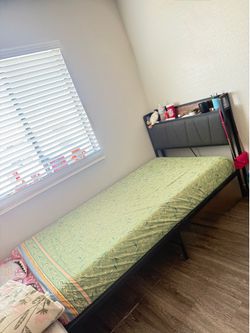 Twin XL bed frame, storage Headboard with Charging Station, solid and stable