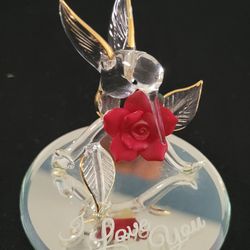I LOVE YOU! Handcrafted Glass Art Hummingbird &Rose By Glass Baron 2.5"X2.5"