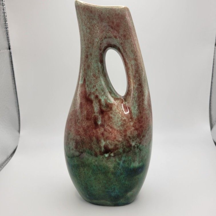 Vintage Hand Thrown Pottery Vase Mini Pitcher Mottled Teal Maroon Glaze 8"