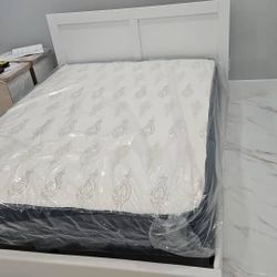 QUEEN SIZE BED,  MATTRESS AND TWO NIGHTSTANDS 