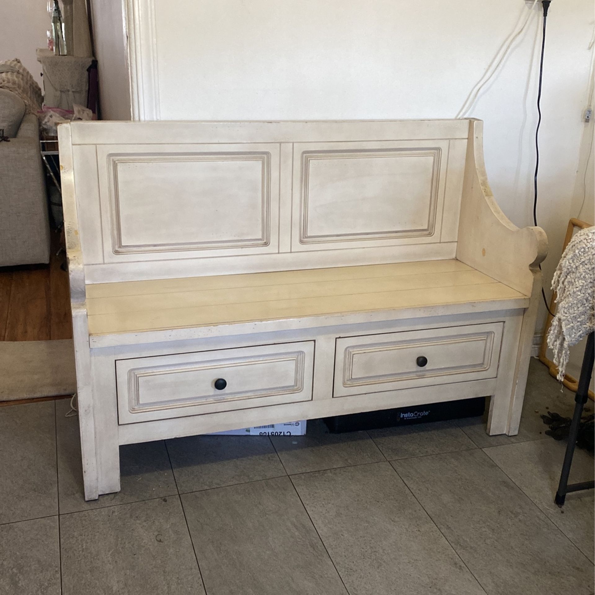 Long double drawer sitting area wood bench with storage and back